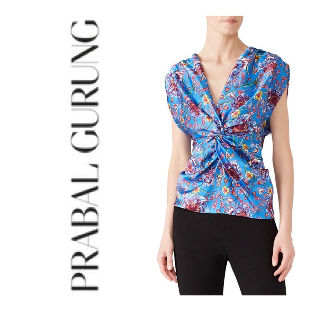 PRABAL GURUNG COLLECTIVE Floral Twist Front Satin Top Size 2